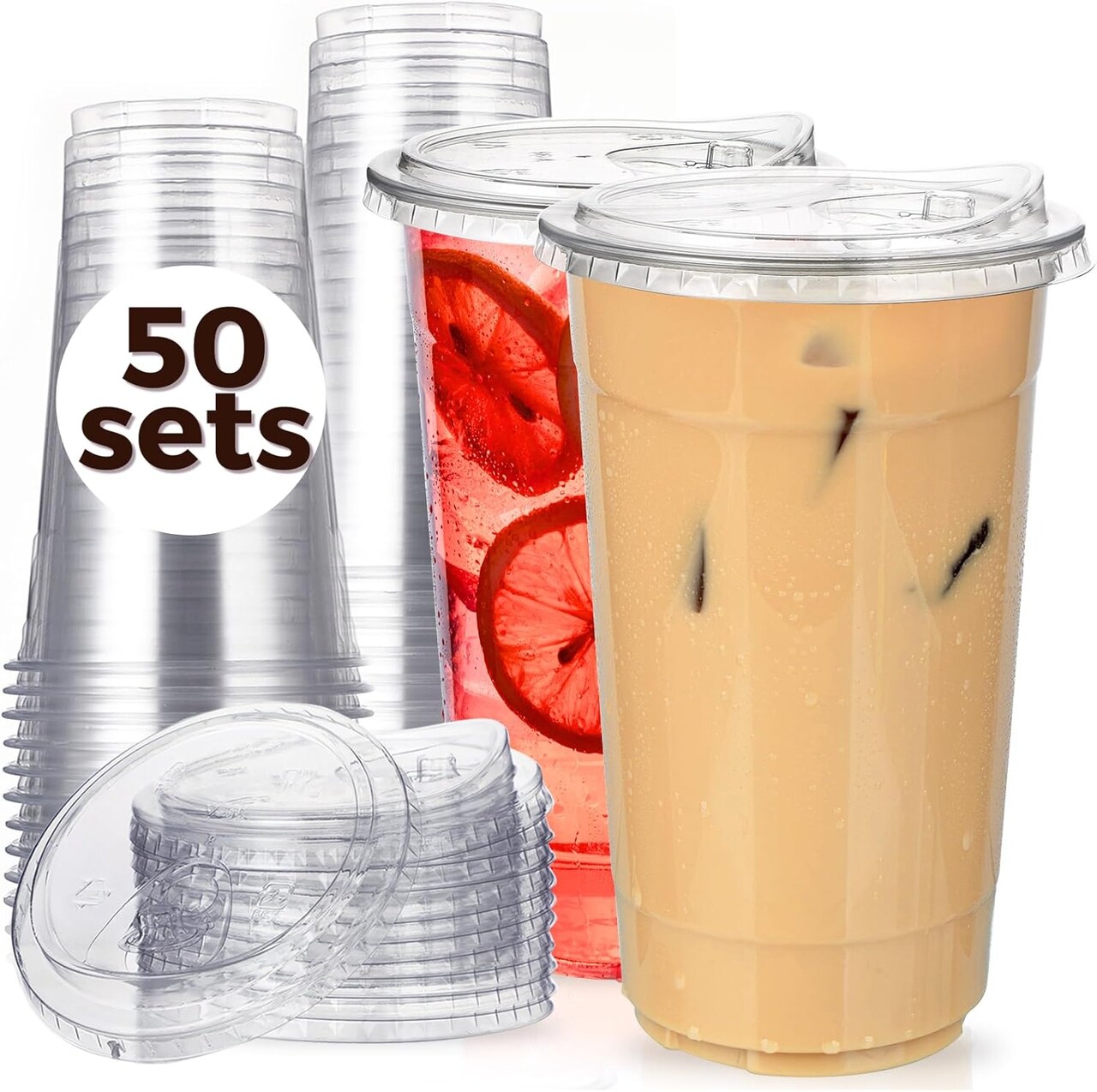 32 oz Clear Plastic Cups with Strawless-Sip-Lids, 50 Sets Disposable Cups Plastic Iced Coffee Cups, To Go Cups with Sip Through Lids for Smoothie, Milkshake, Cold Drinks for Party, Wedding, Event